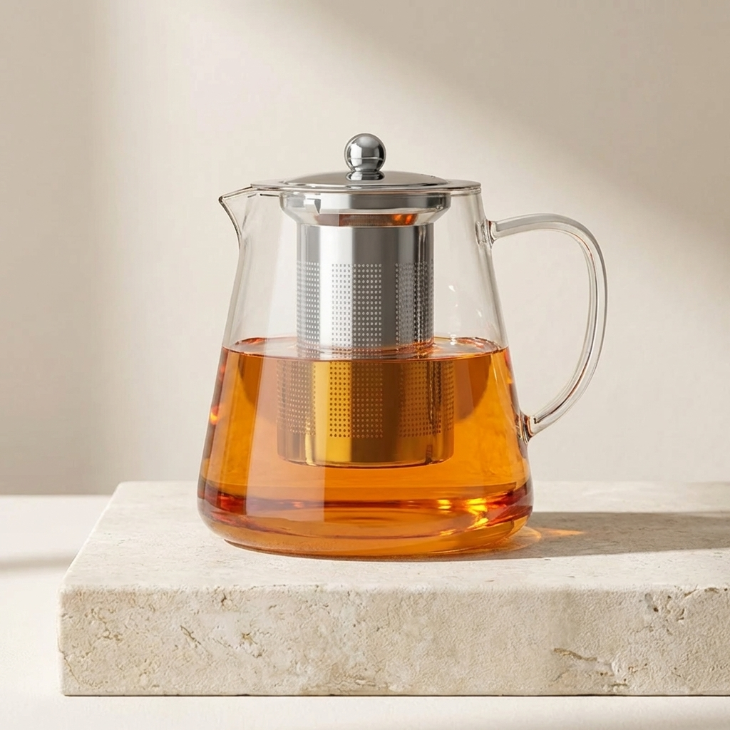 Clear glass teapot with metal lid and tea infuser on a light surface