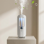 White humidifier emitting steam with a digital display on a beige background