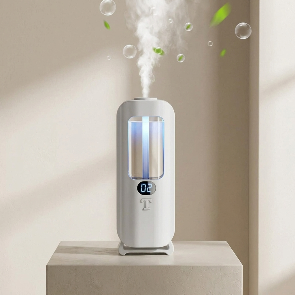 White humidifier emitting steam with a digital display on a beige background