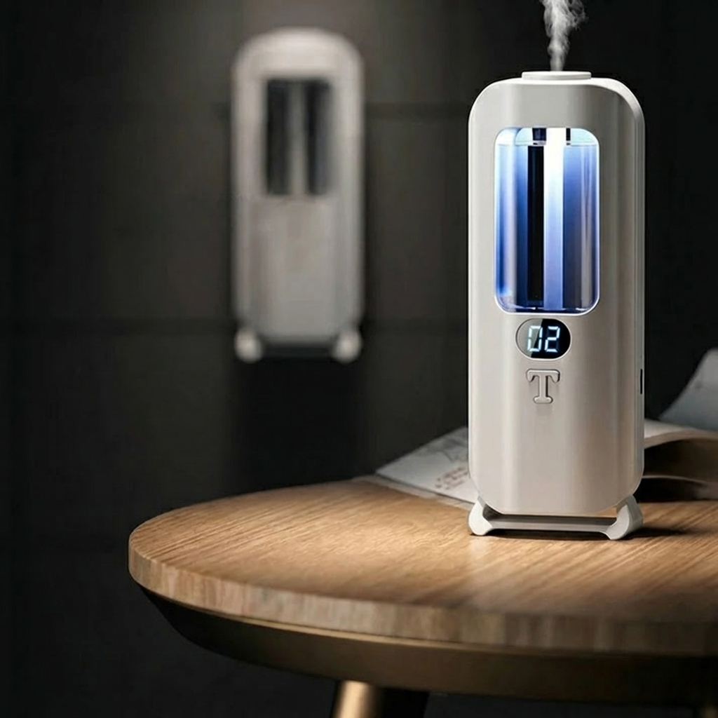 Humidifier on a wooden table with a dark background