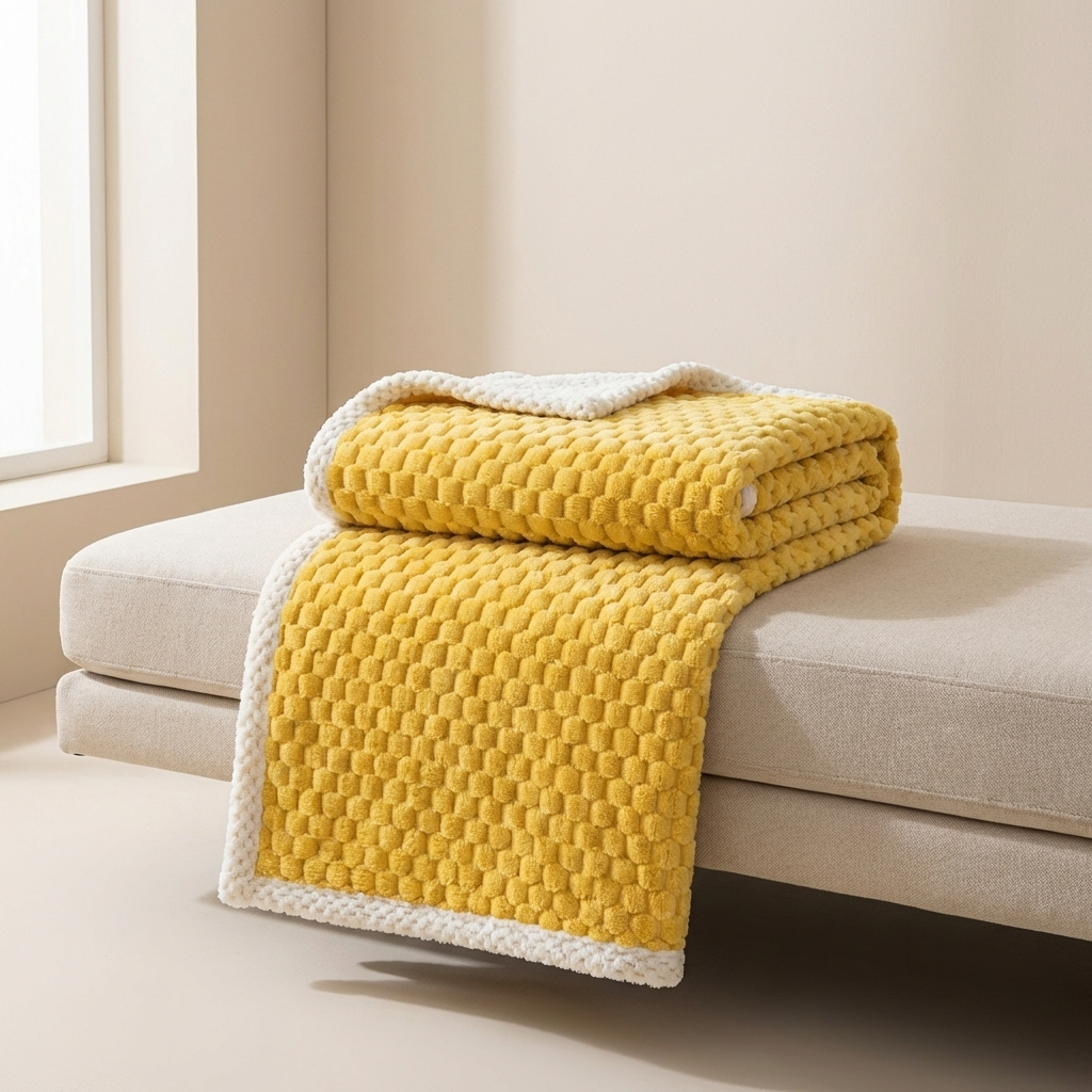 Yellow textured blanket draped over a beige sofa in a bright room.