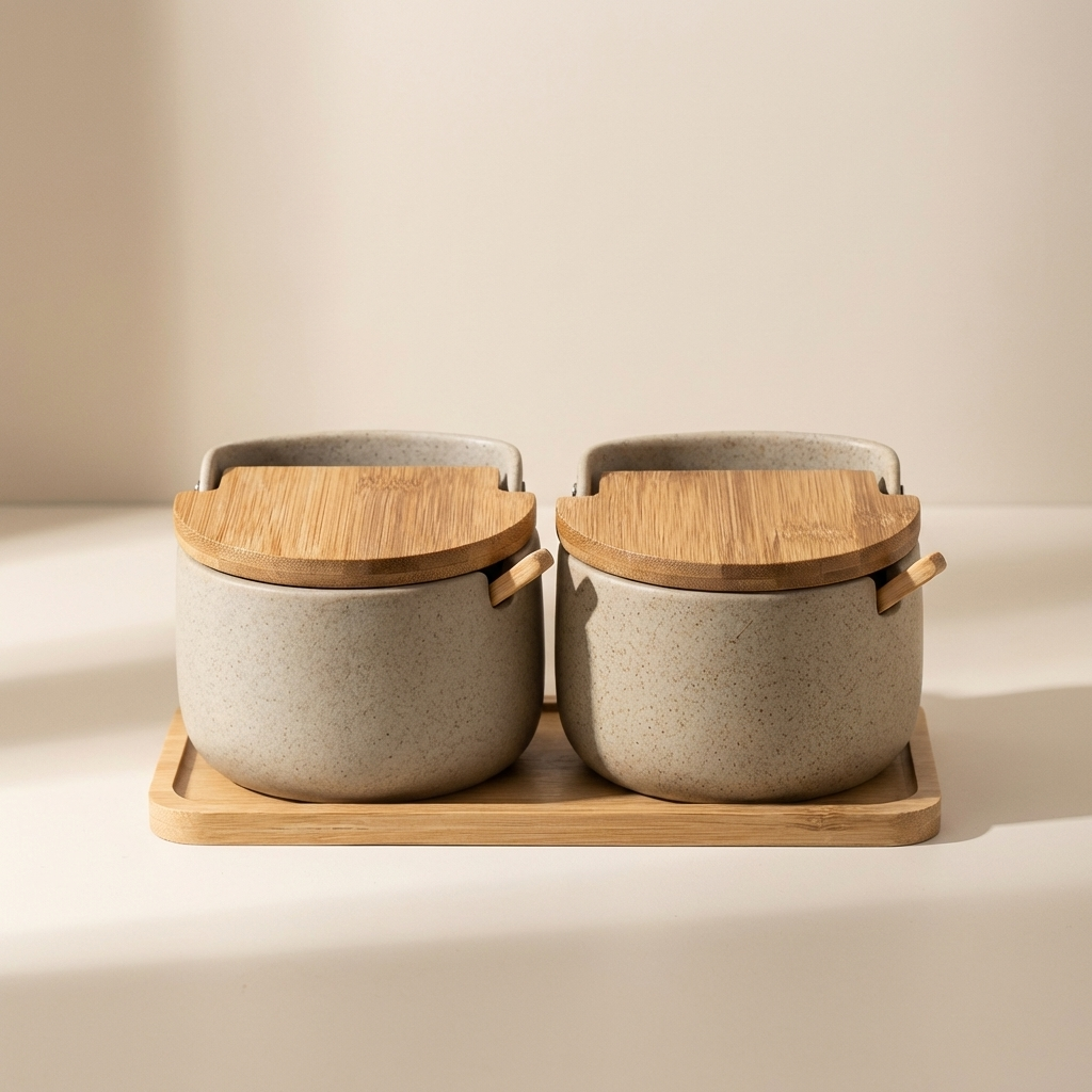 Two ceramic containers with wooden lids on a matching wooden tray against a beige background