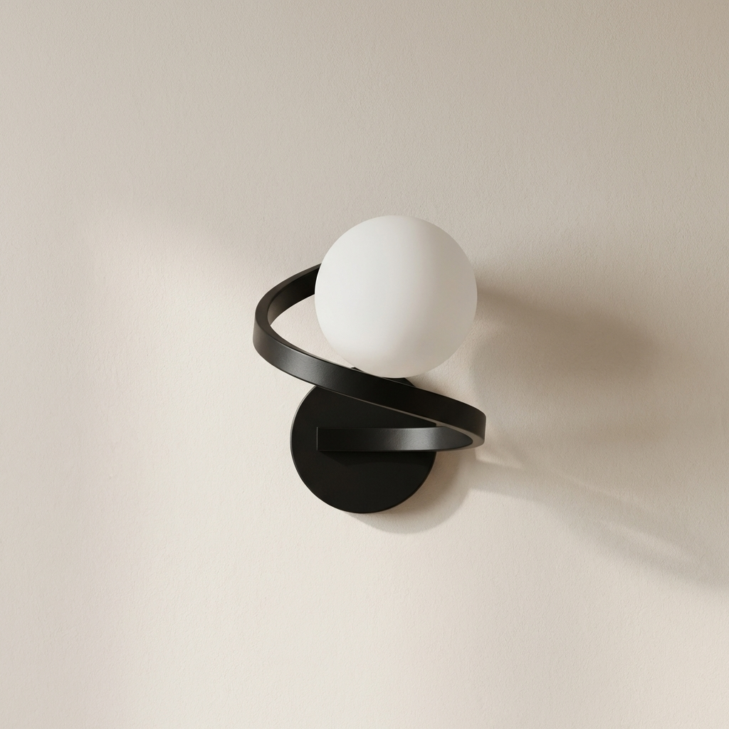 Wall-mounted light fixture with a black frame and white globe on a beige wall.