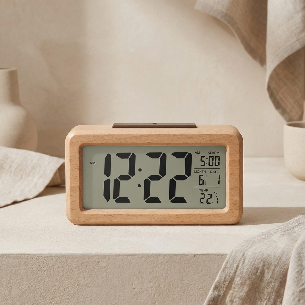 Digital clock with wooden frame on a neutral background