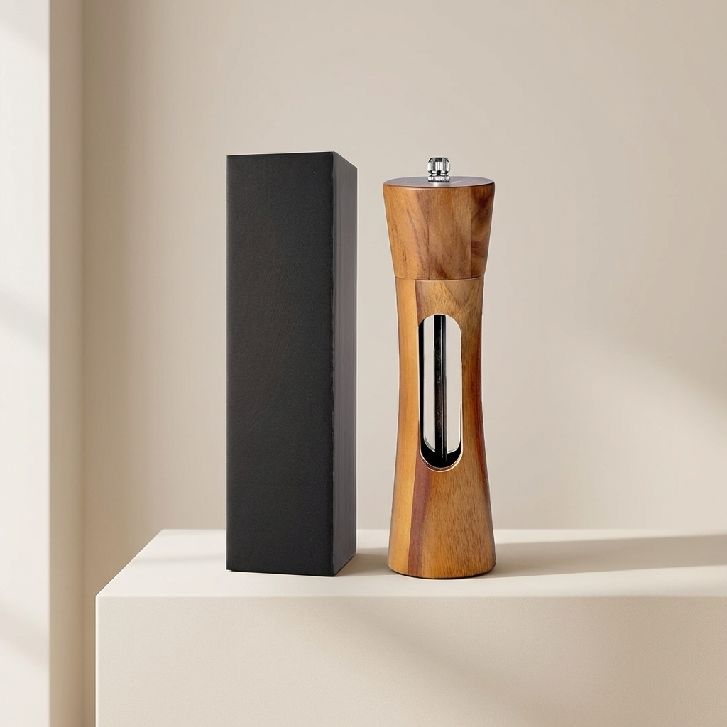 Wooden pepper grinder with a black box on a beige background