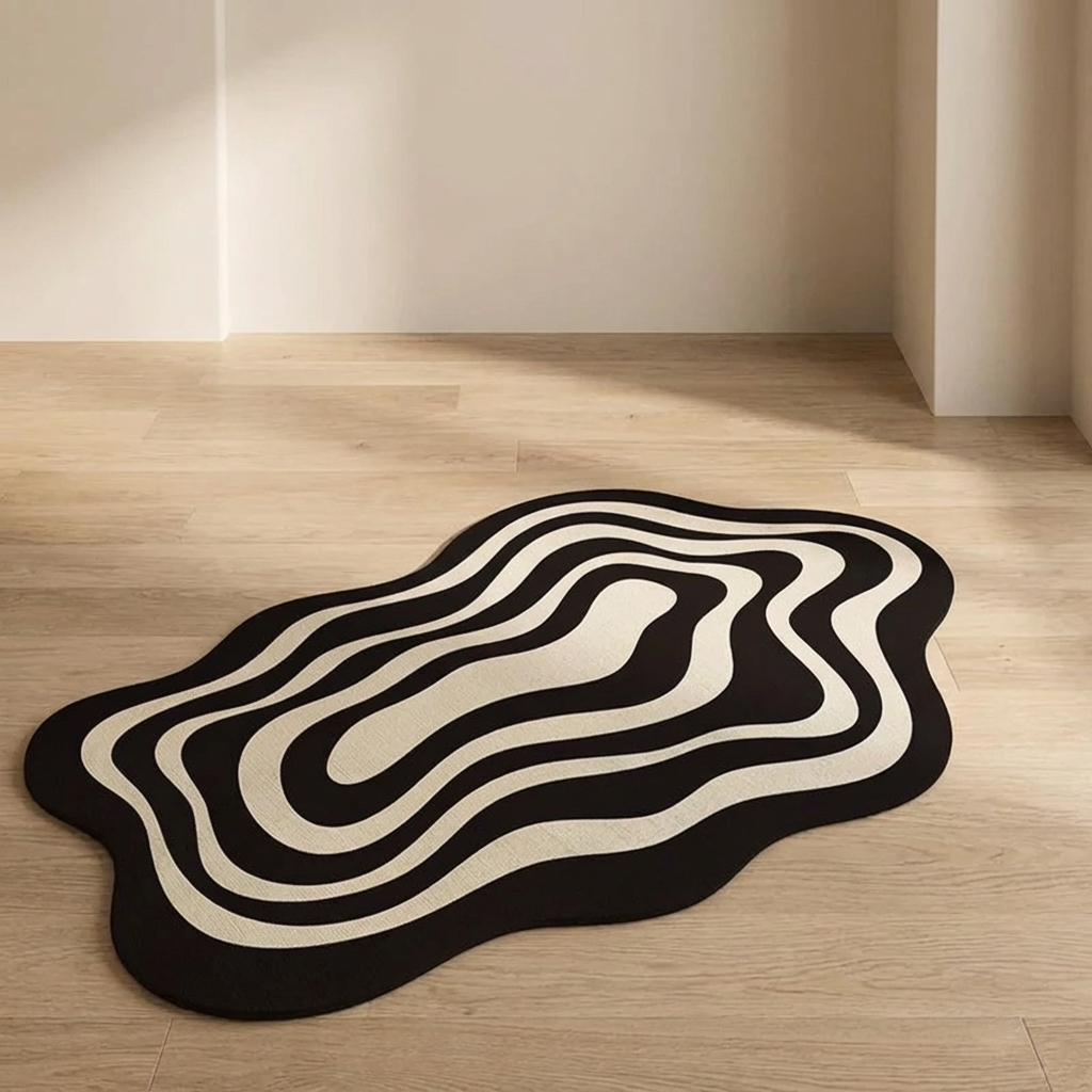 Black and white abstract rug on a wooden floor