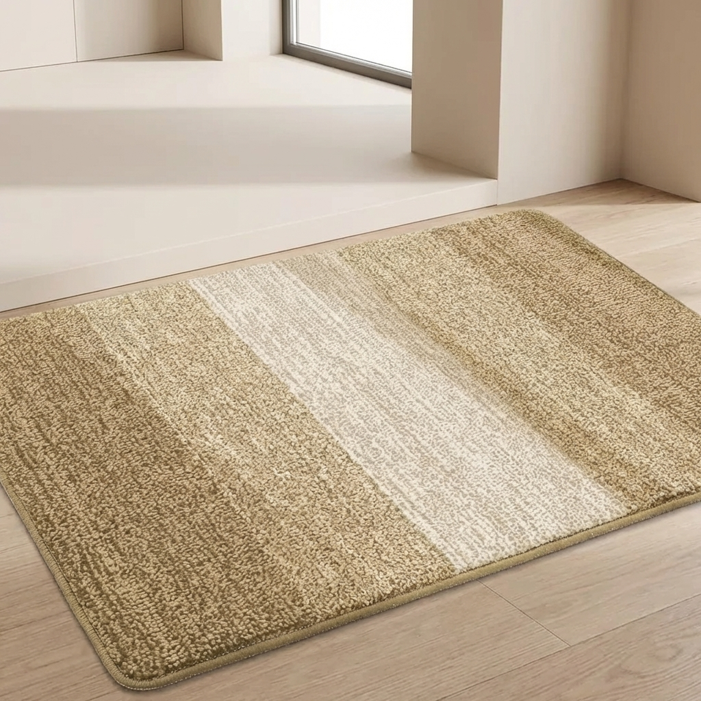 Beige striped rug on a wooden floor with a neutral background