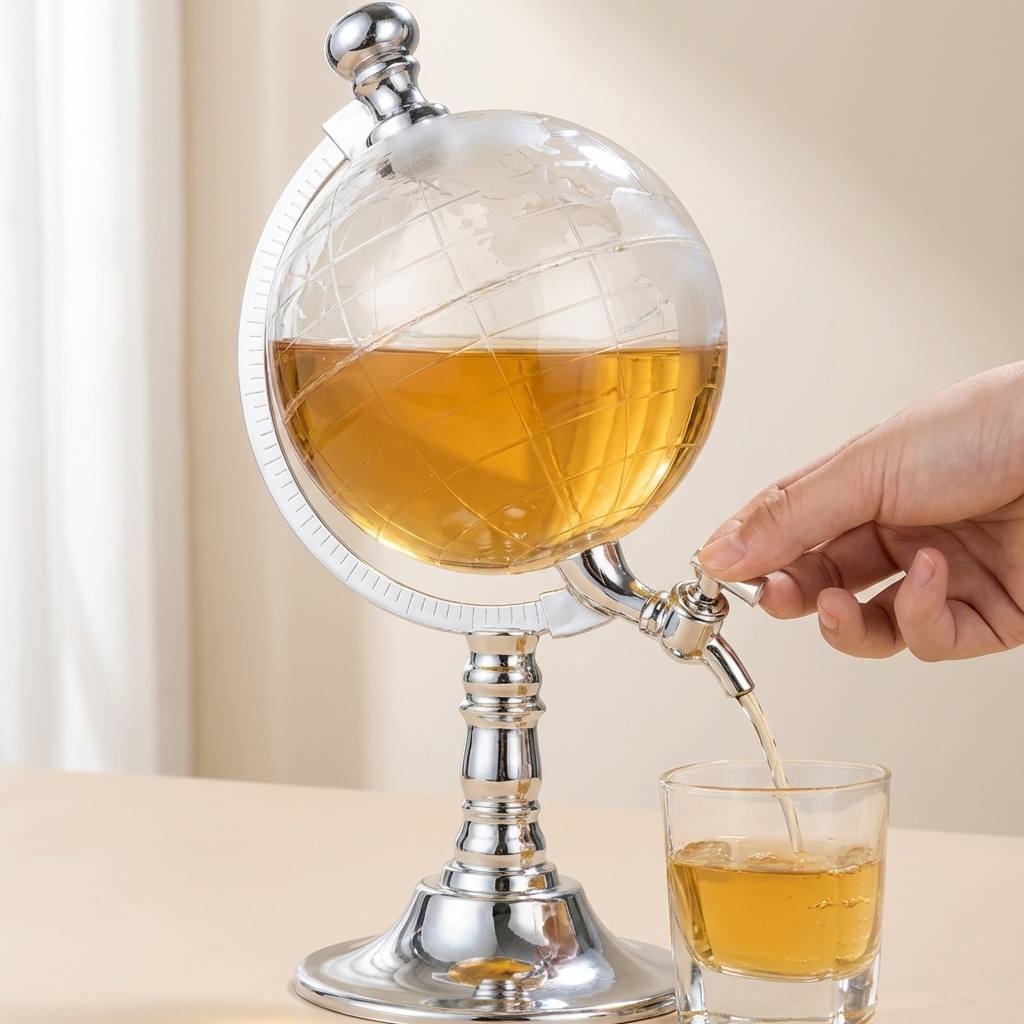 Globe-shaped decanter with a hand pouring liquid into a glass on a neutral background