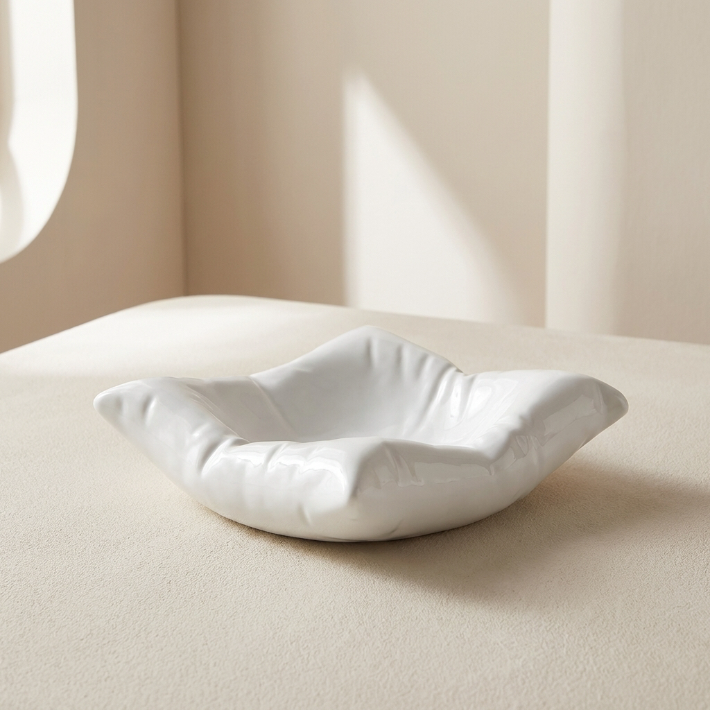 White ceramic leaf-shaped dish on a beige surface with soft lighting