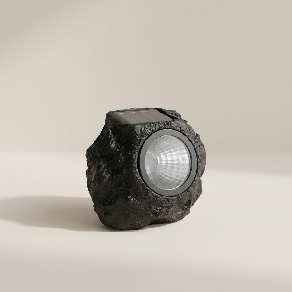 Solar-powered rock-shaped outdoor light on a beige background