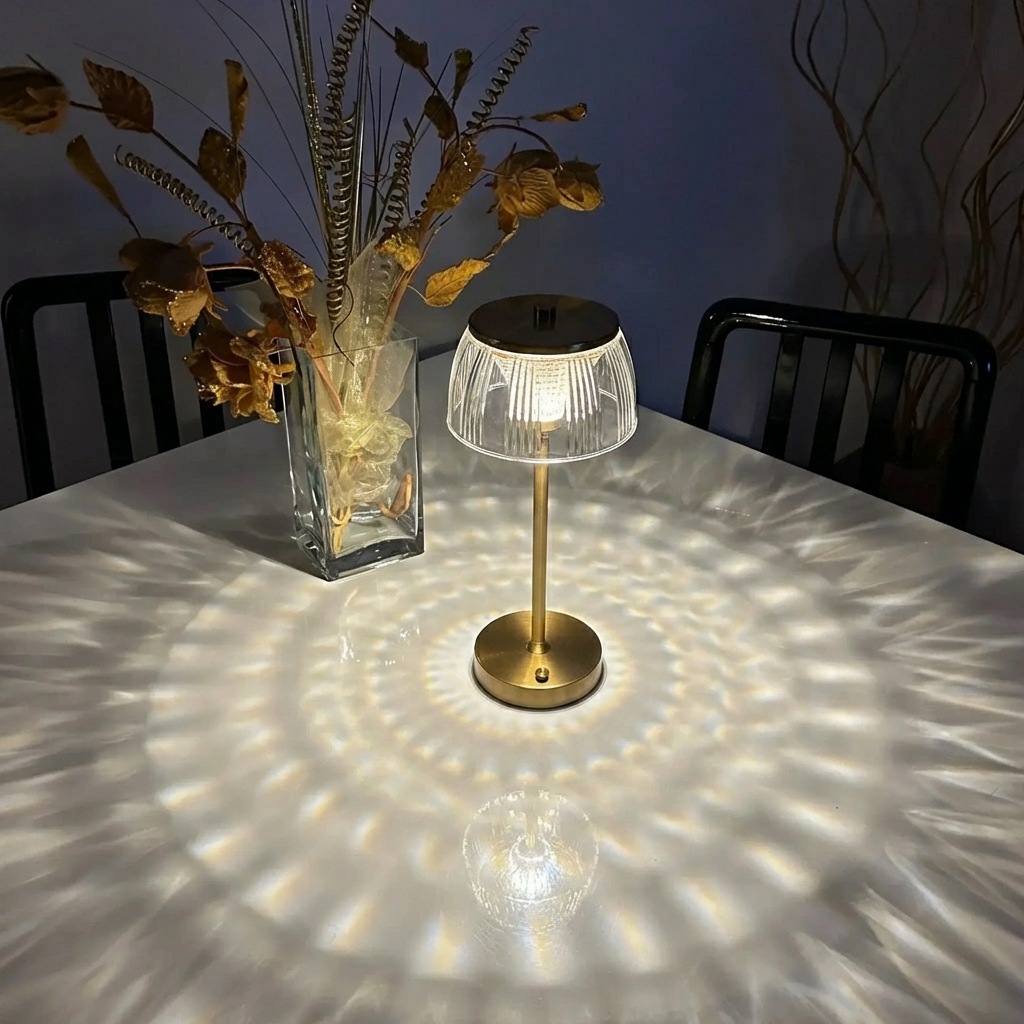 Table lamp casting shadows on a table with decorative elements.