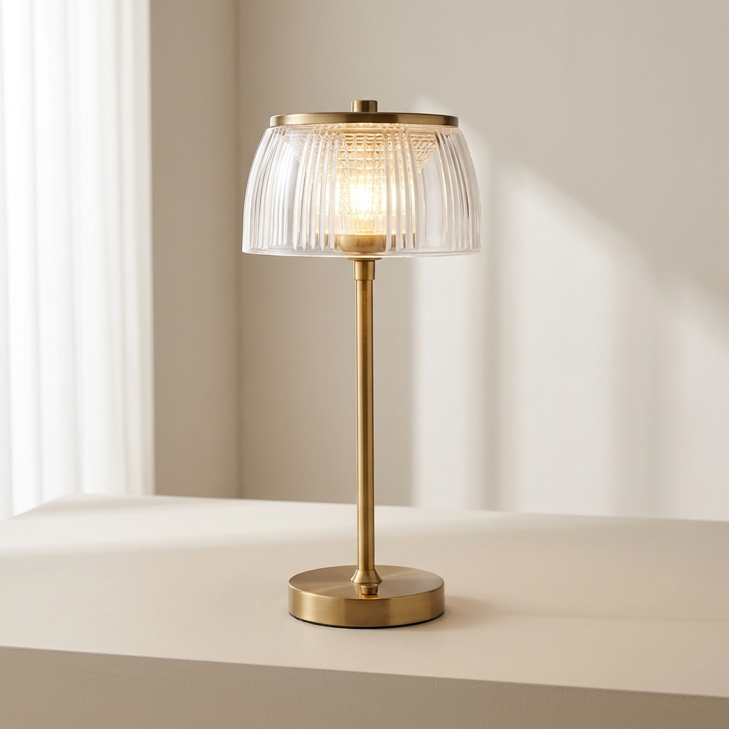 Gold table lamp with a clear glass shade on a neutral background