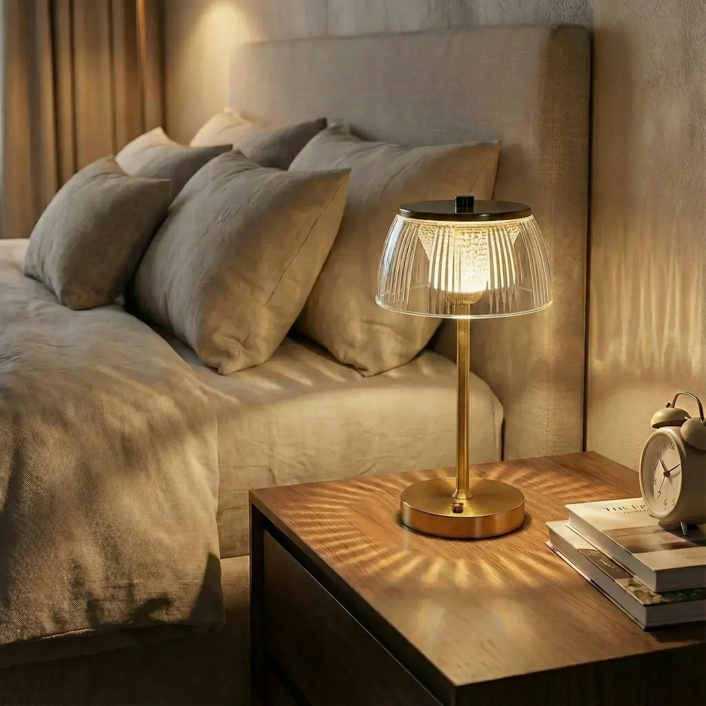 Decorative table lamp on a bedside table with a cozy bedroom setting.
