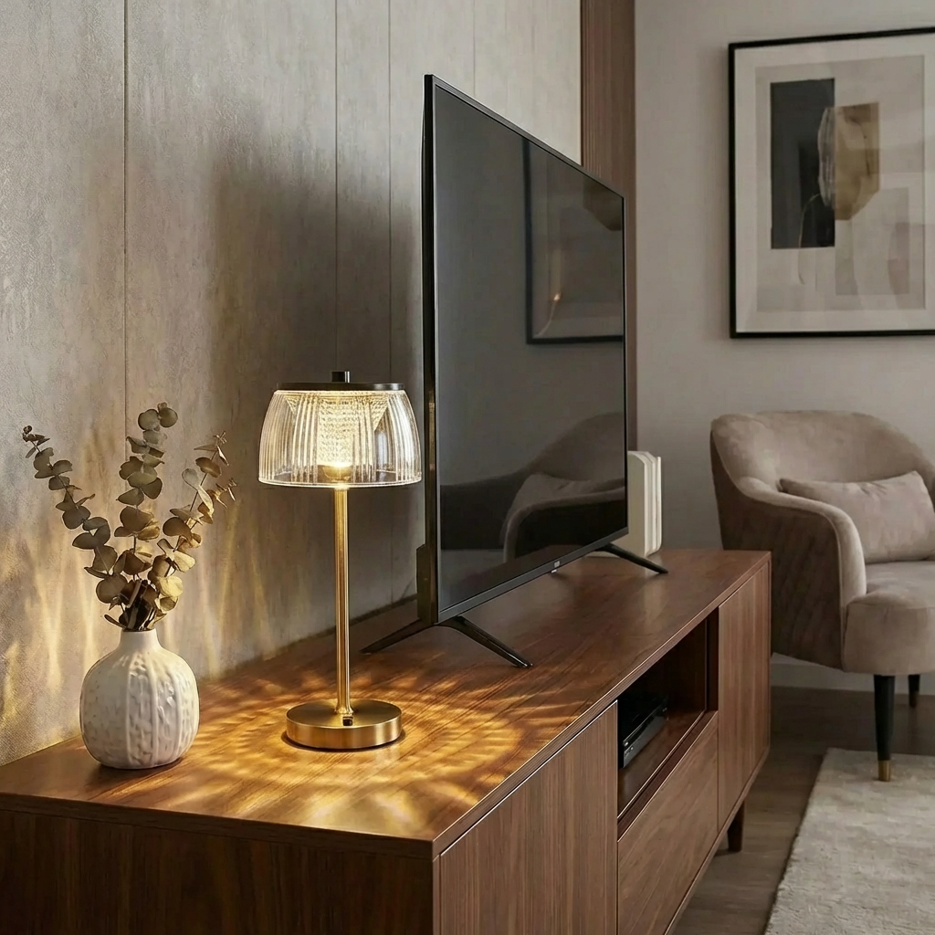 Modern living room with a television, lamp, and decorative items.