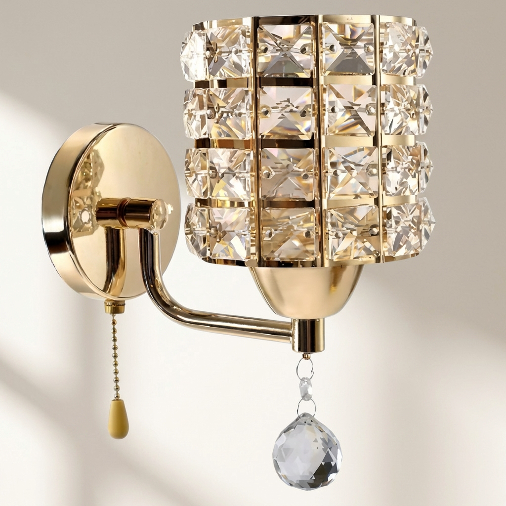 Gold wall sconce with crystal design on a neutral background