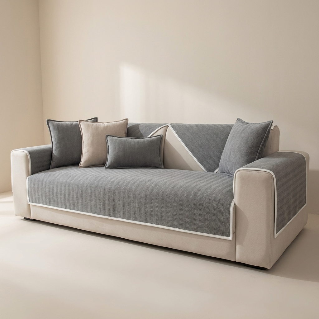 Gray and beige sofa with cushions in a minimalistic room.