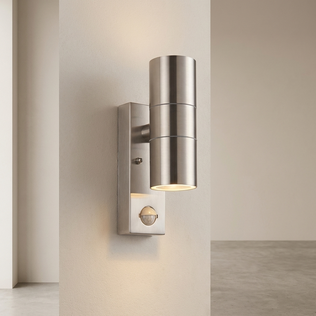 Modern stainless steel wall light fixture on a neutral wall.