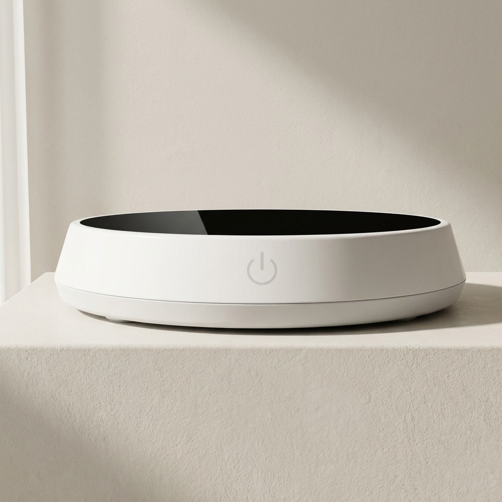 White electronic device with power symbol on a light surface