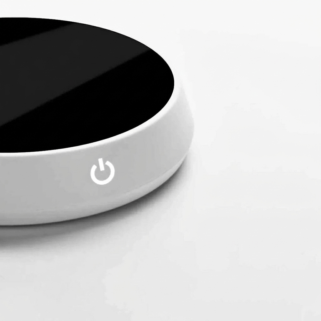 Round black and white device with power symbol on a light gray background
