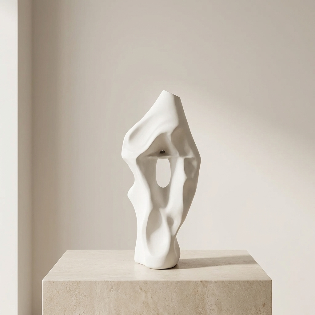 Abstract white sculpture on a beige pedestal against a plain background