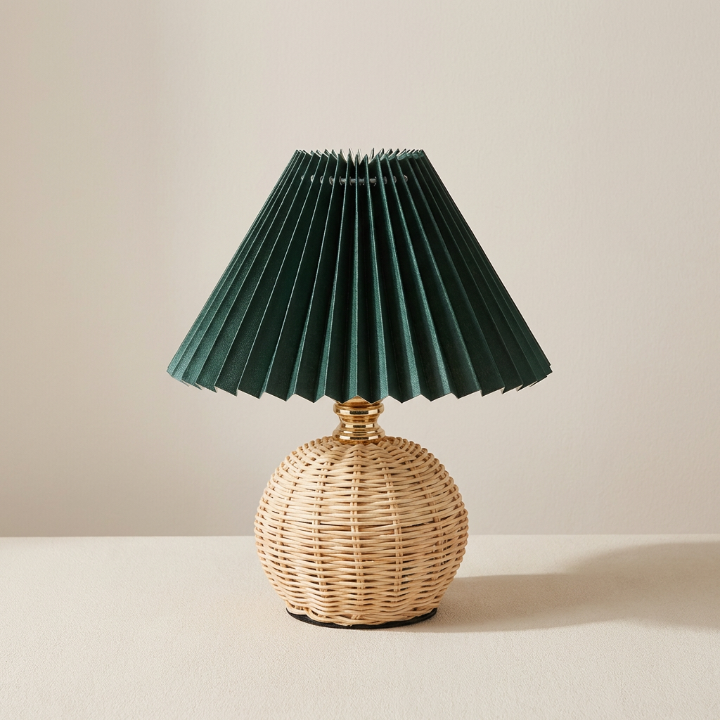 Table lamp with a pleated green shade and wicker base on a neutral background