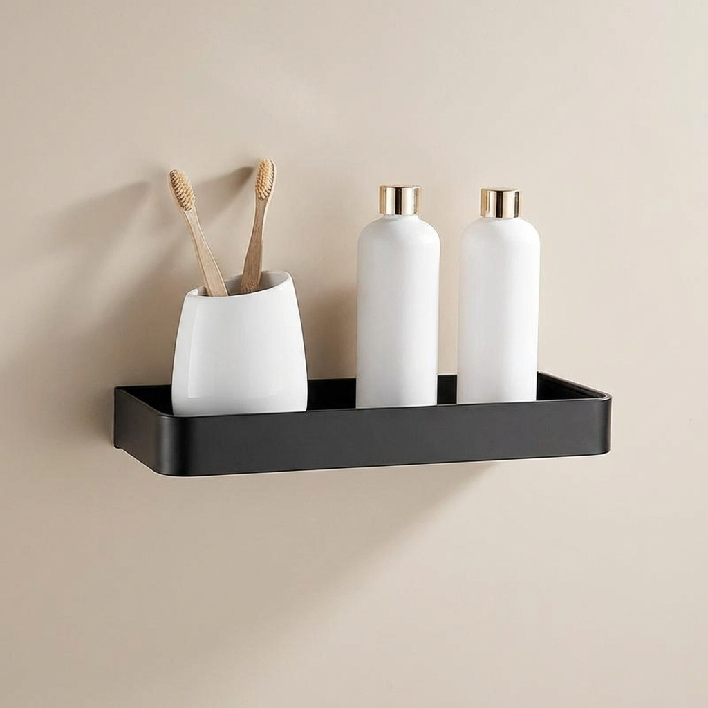 Black wall-mounted shelf with white containers and toothbrushes against a beige wall