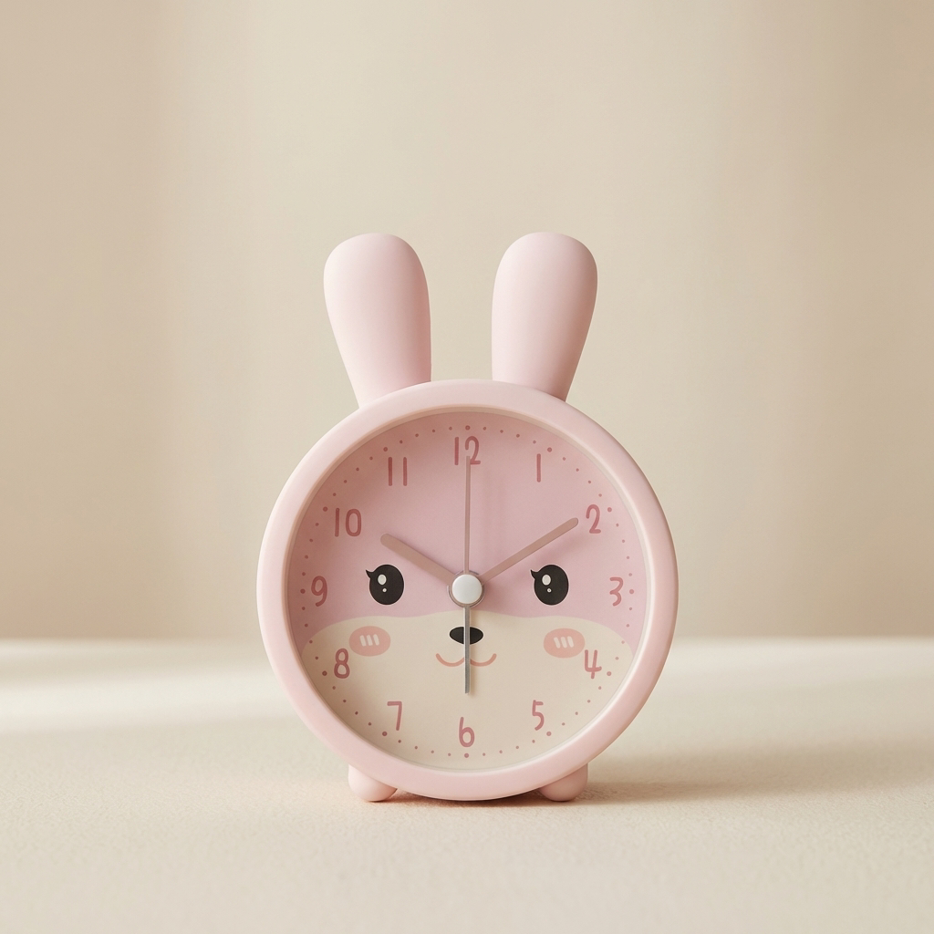 Pink rabbit-shaped alarm clock on a beige background