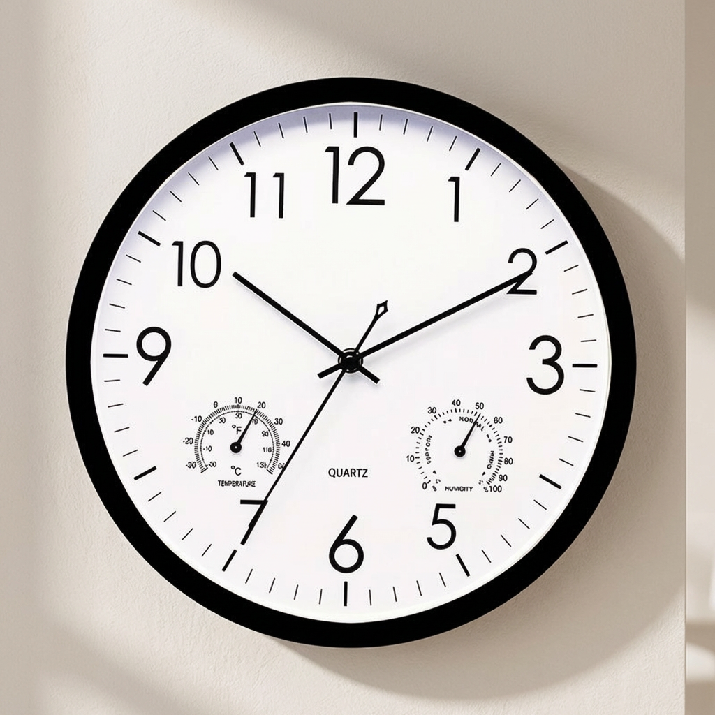 Wall clock with temperature and humidity indicators on a plain background