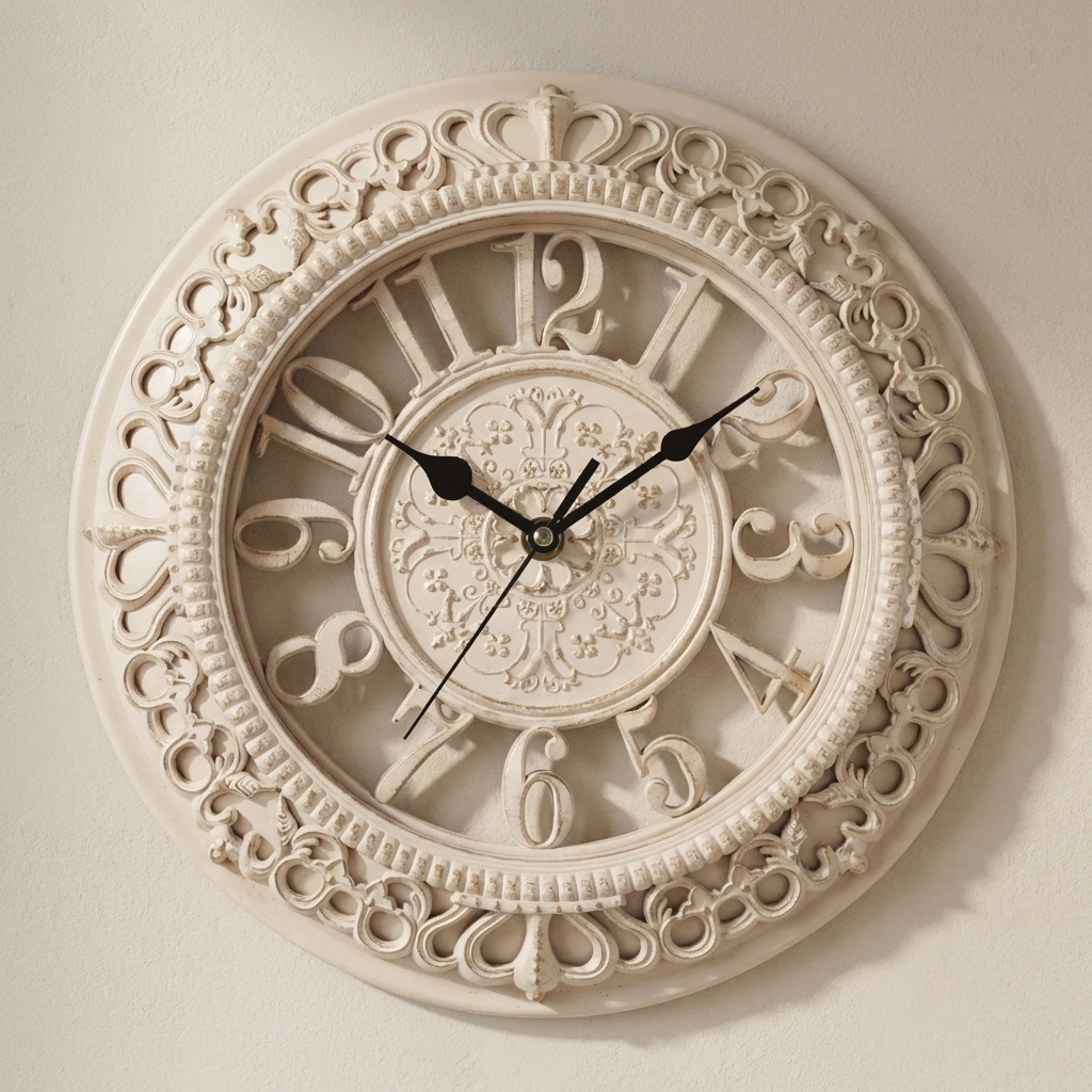 Decorative wall clock with intricate designs on a plain background