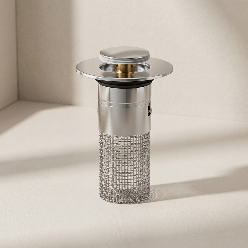 Metallic kitchen drain with mesh filter on a beige background