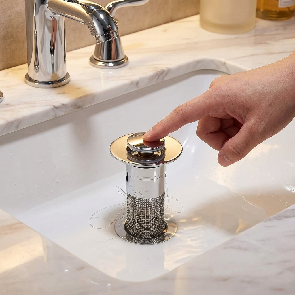 Hand placing a sink drain cover into a bathroom sink.