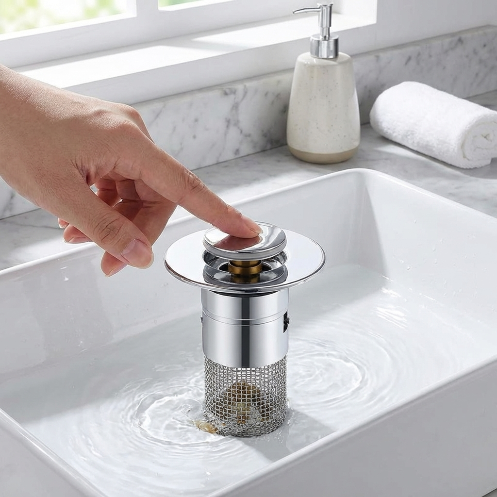 Person adjusting a sink drain cover in a bathroom setting