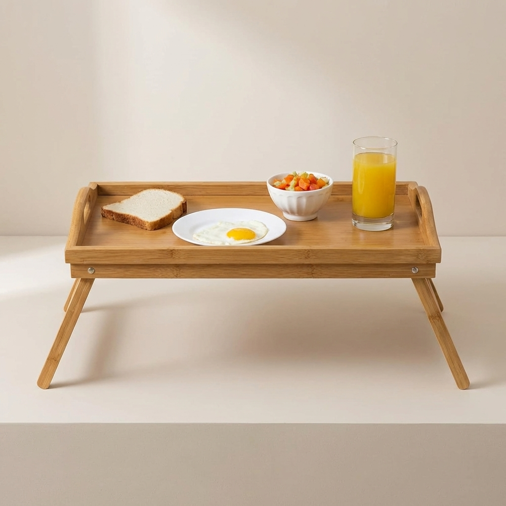 Wooden breakfast tray with food items on a plain background