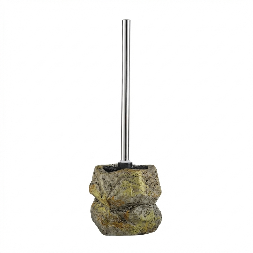 Decorative stone toilet brush holder with a metal handle on a white background