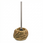 Decorative toilet brush holder with a textured base and metallic handle on a white background