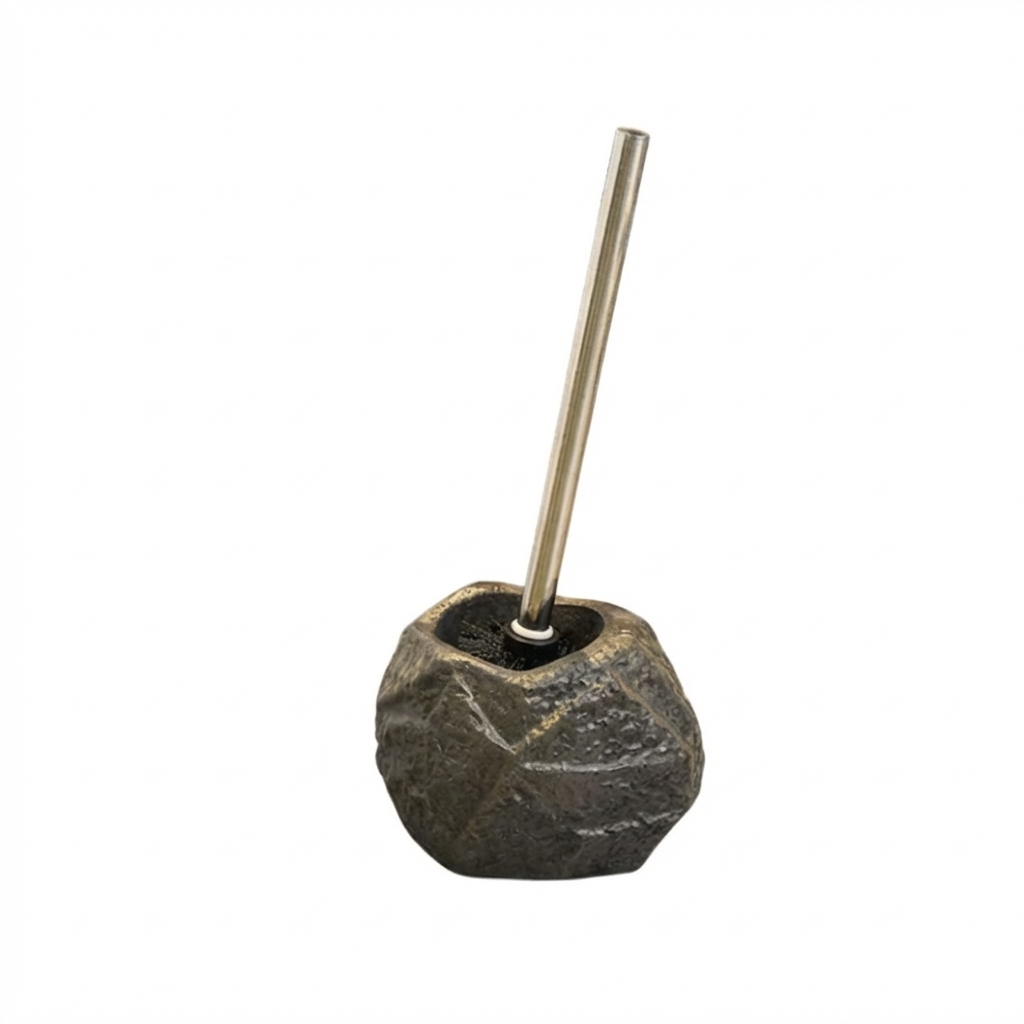Decorative stone pen holder with a metallic pen on a white background