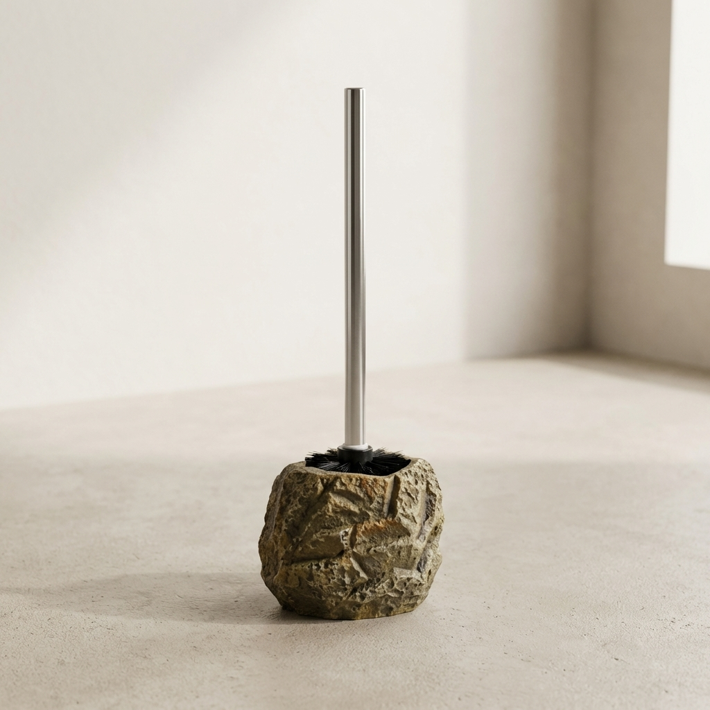 Toilet brush with stone base on a light beige background