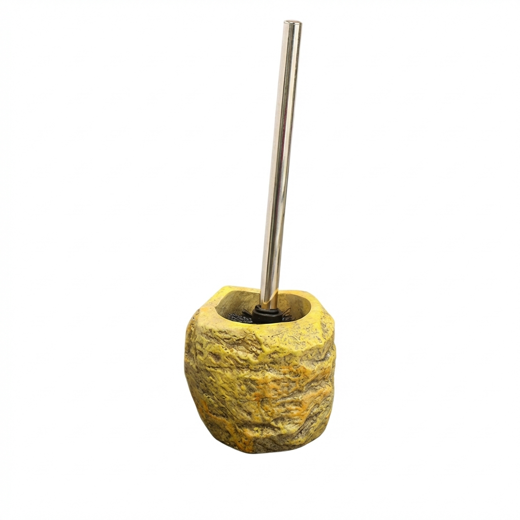 Yellow stone-like container with a metal straw on a white background