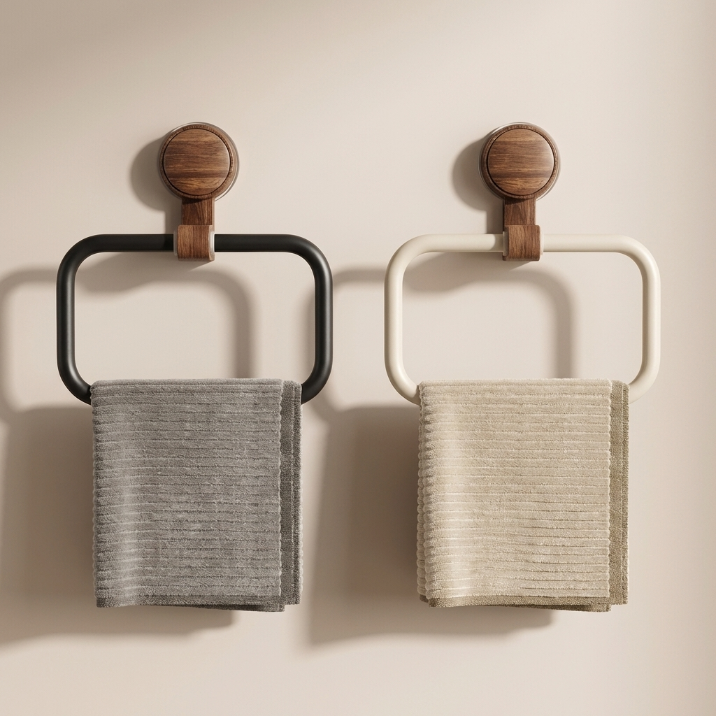 Two wall-mounted towel racks with wooden knobs holding gray towels against a beige background.