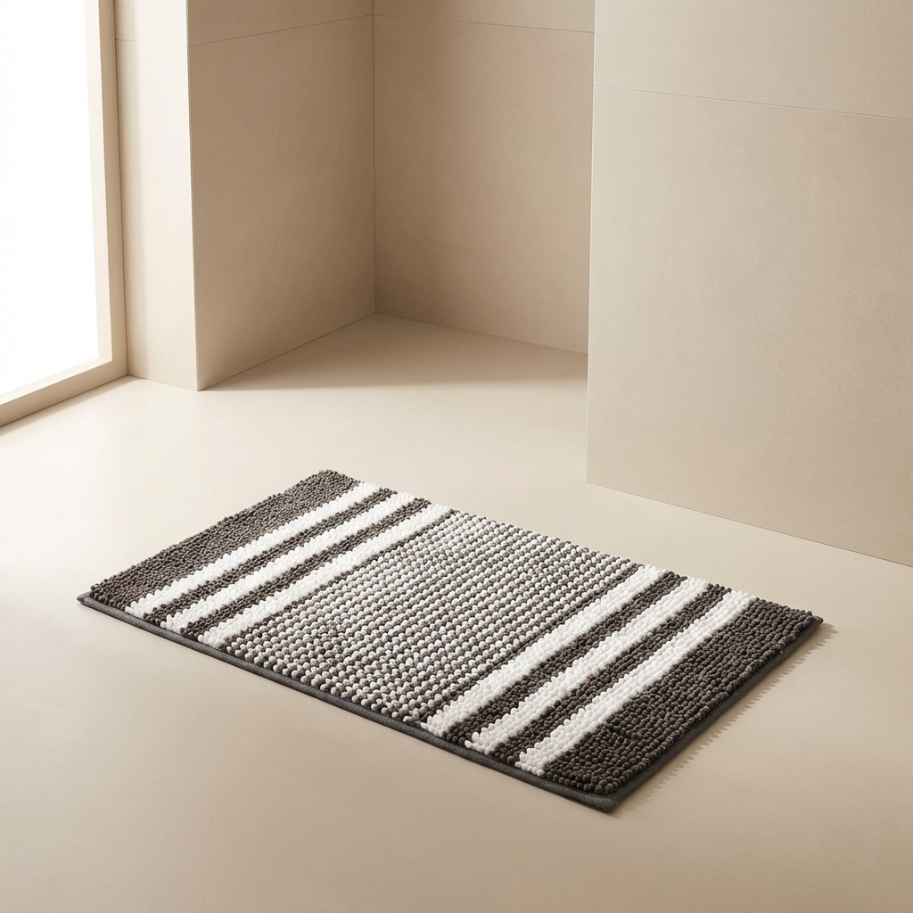 Striped doormat on a light wooden floor with a neutral wall background