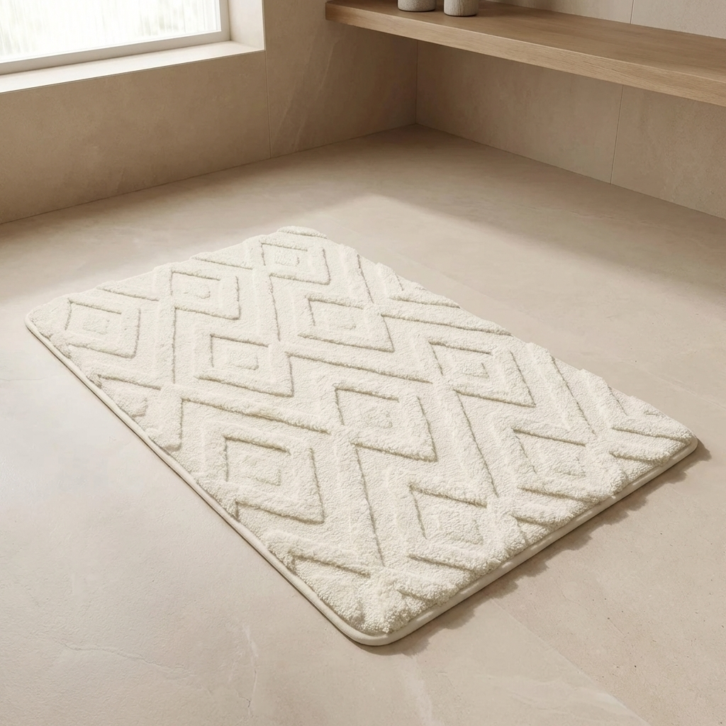 White textured bath mat on a beige floor with a wooden shelf in the background.