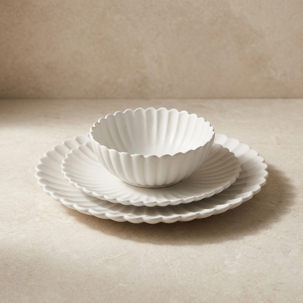 Set of white ceramic bowls and plates on a beige surface