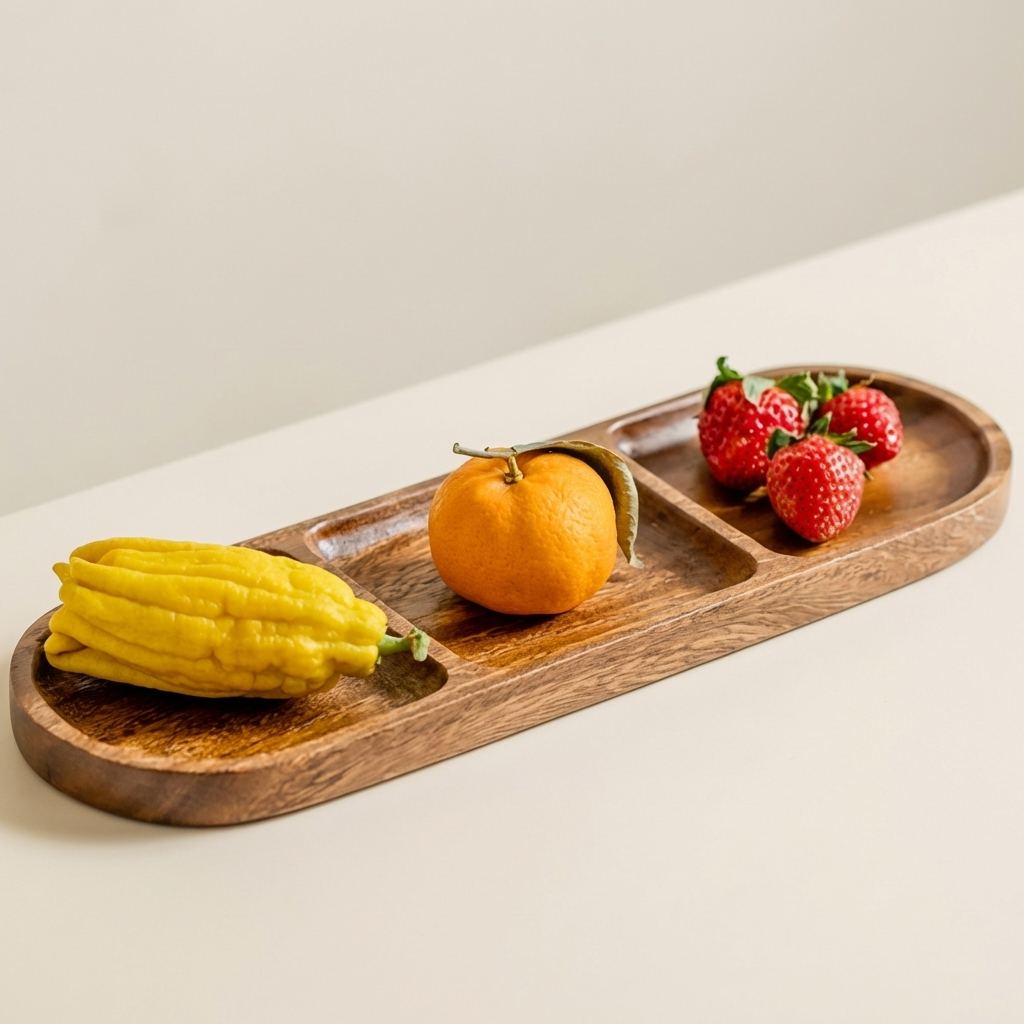Wooden tray with a yellow vegetable, orange, and strawberries on a light background