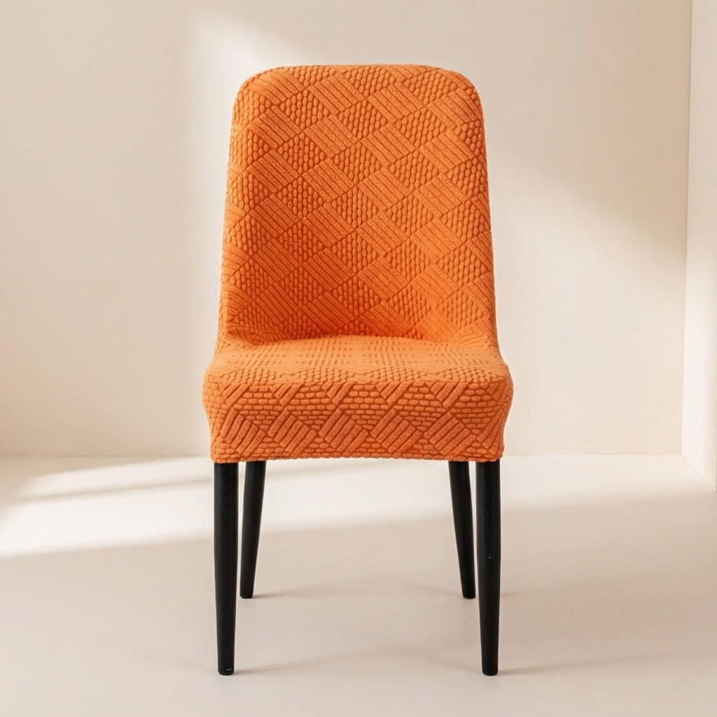 Orange textured chair cover on a black chair against a beige background