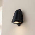 Black outdoor wall light fixture on a neutral wall
