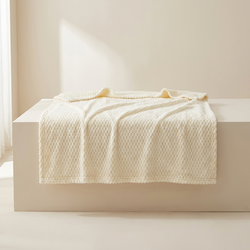 Beige textured blanket draped over a white surface with a neutral background