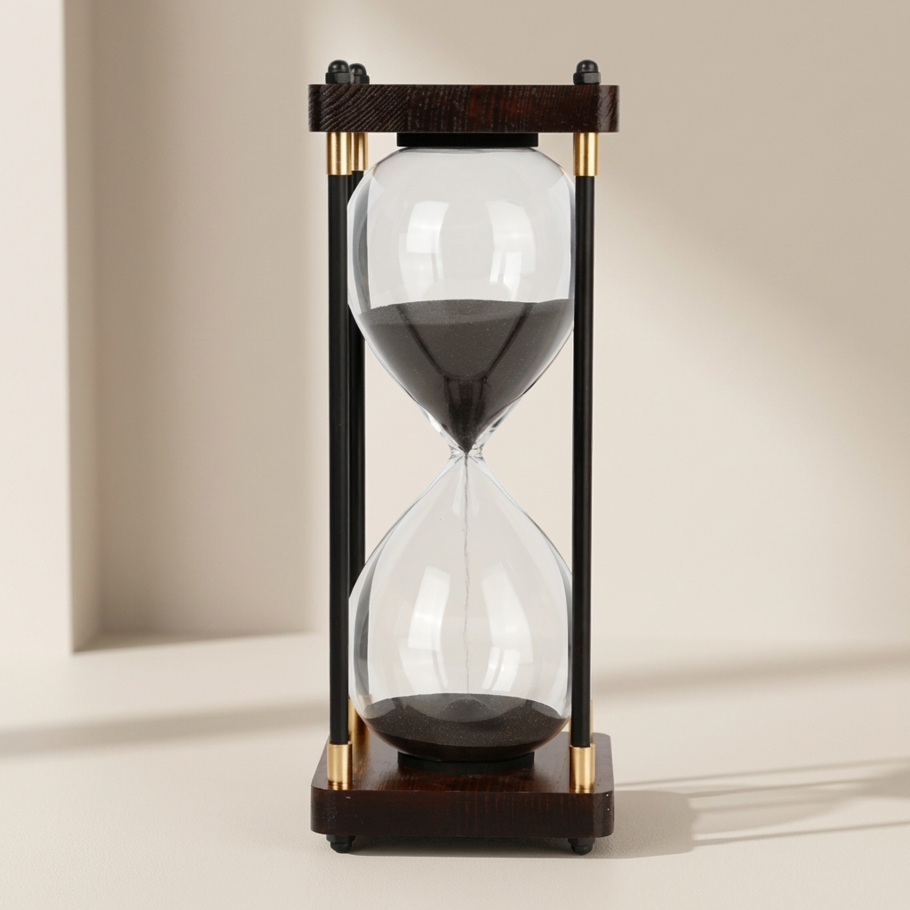 Wooden hourglass with sand running through on a beige background