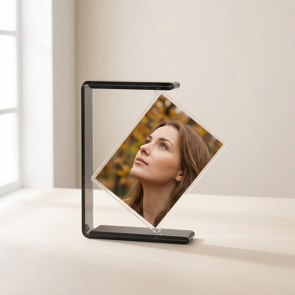 Digital photo frame displaying a woman's face on a white surface with a blurred background