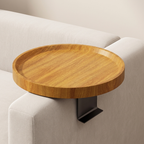 Wooden tray attached to a beige sofa