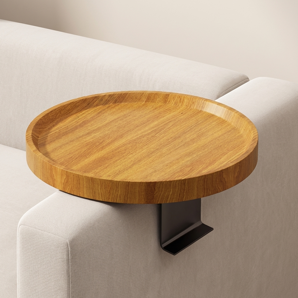 Wooden tray attached to a beige sofa